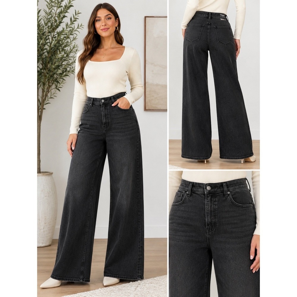 SPANX Wide Leg Jeans Women Medium Tall Long Black Washed Denim High Rise Denim